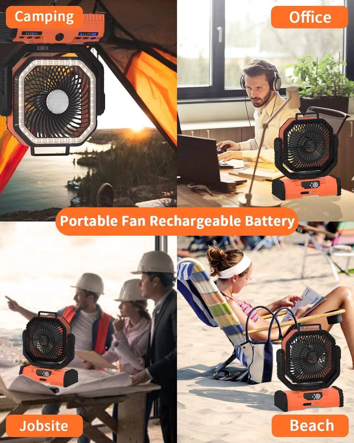 Gobortone 12 Inch 40000Mah Ventilador Recargable Camping Battery Operated Powered Fan with LED Lantern Light Cordless USB Desk