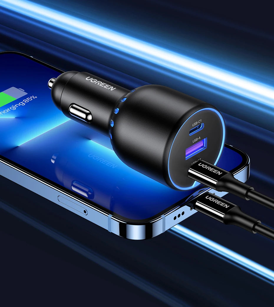 UGREEN 130W USB C Fast Car Charger For Xiaomi iPhone 17 Samsung Galaxy S25 Laptops PD3.0 Fast Charging USB Type C Car Charger