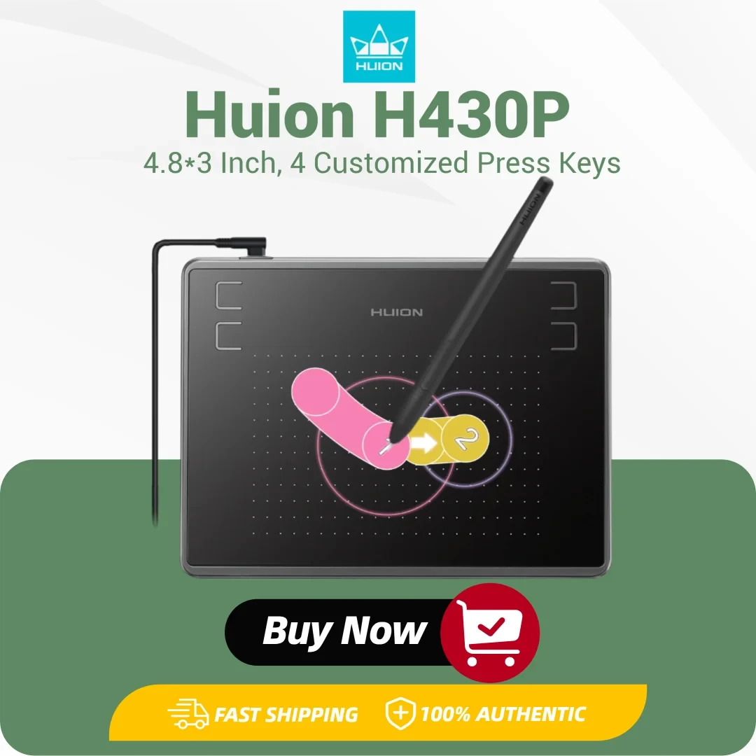 HUION Inspiroy H430P Drawing Tablet 4.8x3 Graphic Tablet with Battery-Free Stylus 4 Hot Keys, Art Tablet for Drawing Writing
