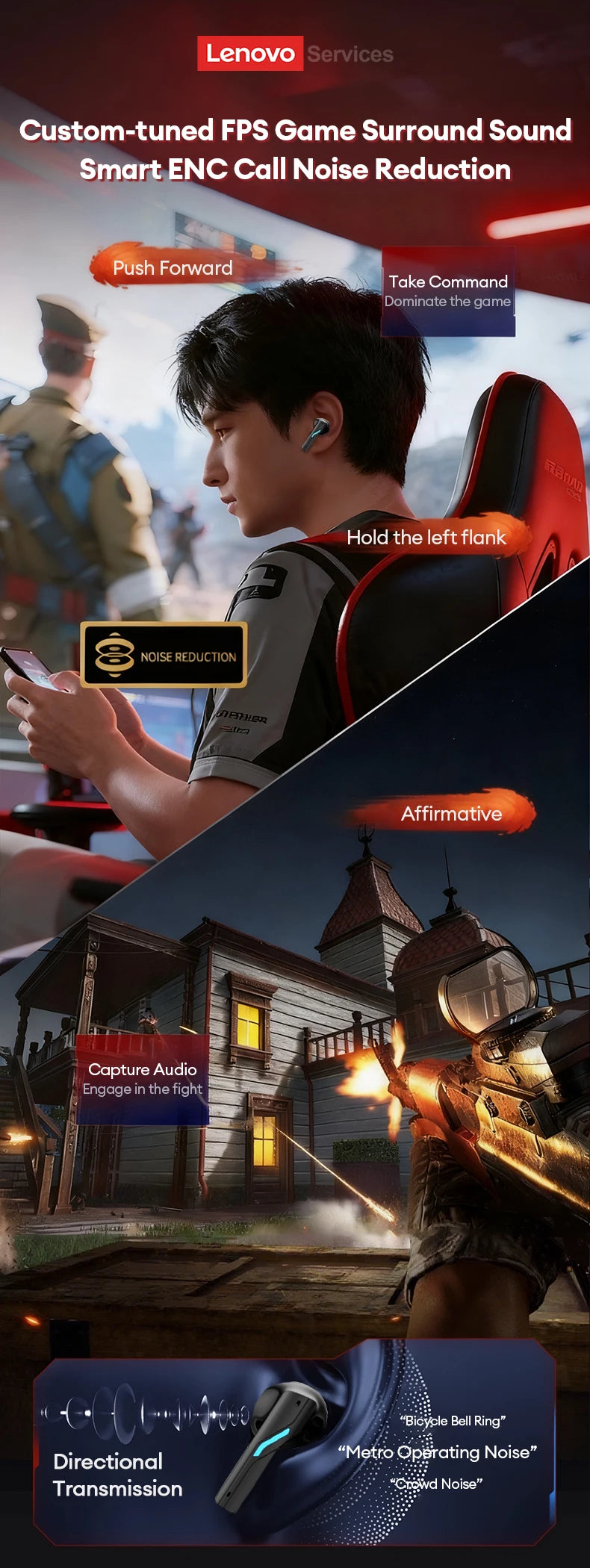 Lenovo Gaming Headset Bluetooth 6.0 Wireless Earphones Low Latency Noise Reduction Esports Headphone Waterproof 24H Battery Life
