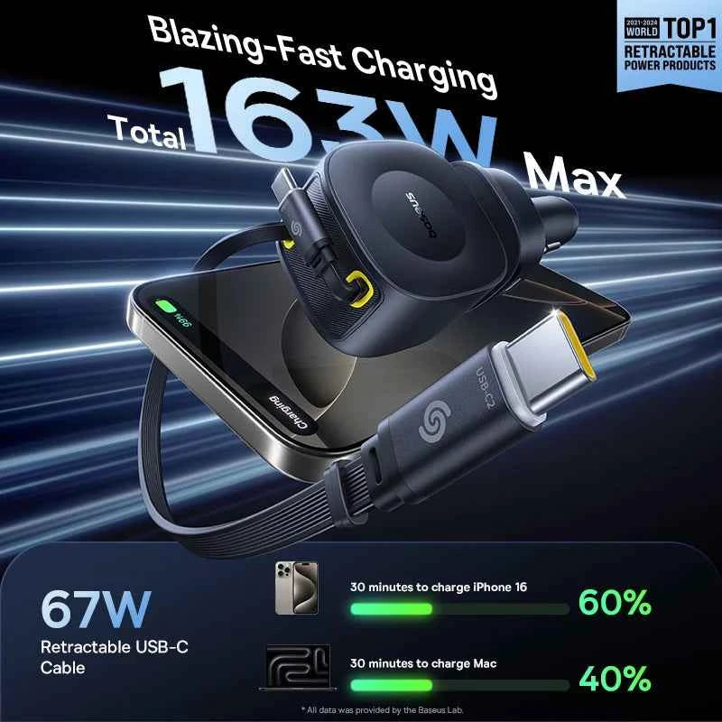 Baseus 100W Car Charger PD QC Fast Charging Dual Type-C Retractable Cable 4 ports 450°Rotation For Laptop Tablet iPhone Samsung