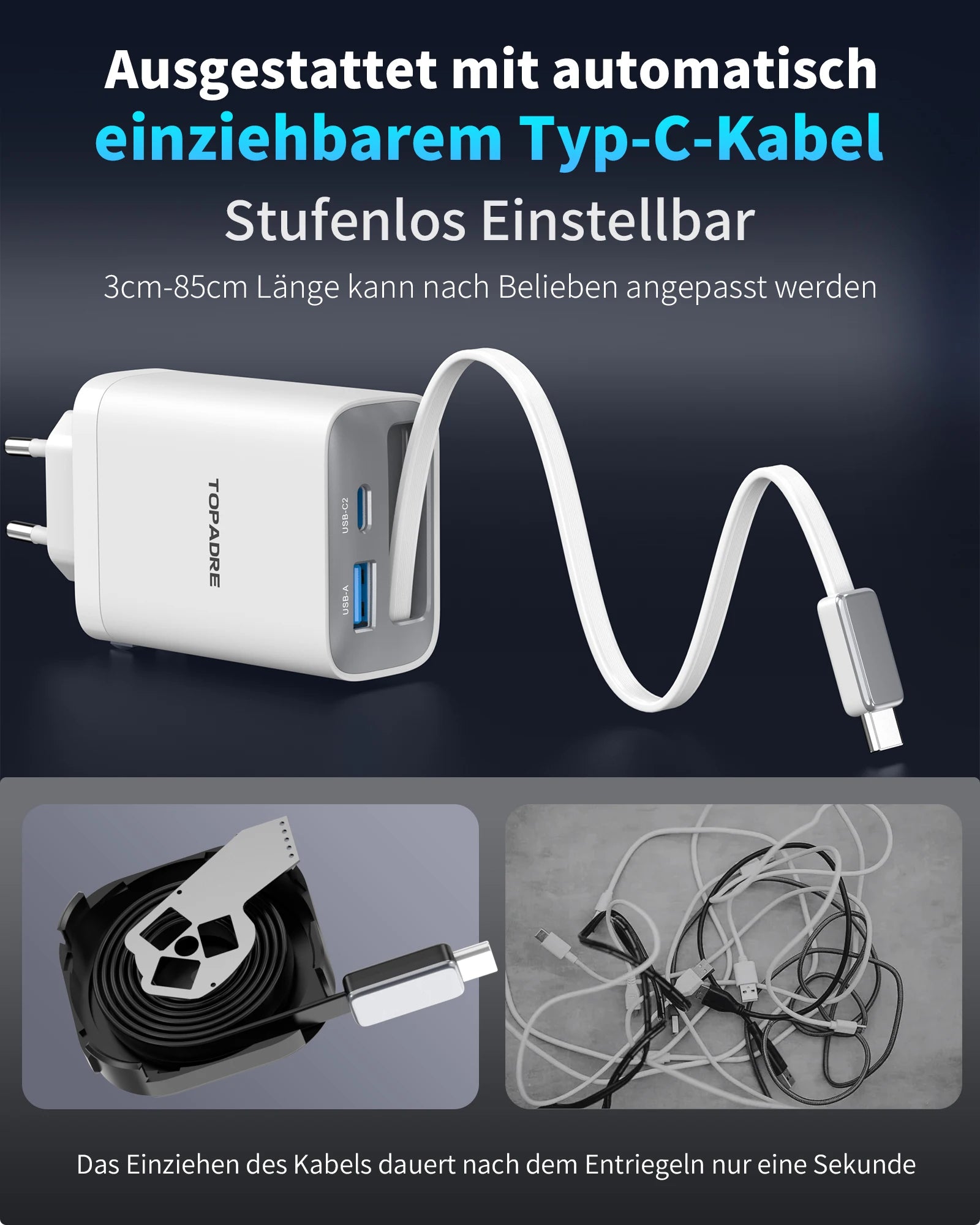 65W GaN PD3.1 Fast Charger With Retractable Cable , 3-Port Type-C + USB-A Travel Adapter For IPhone ,  Laptops, Galaxy Series
