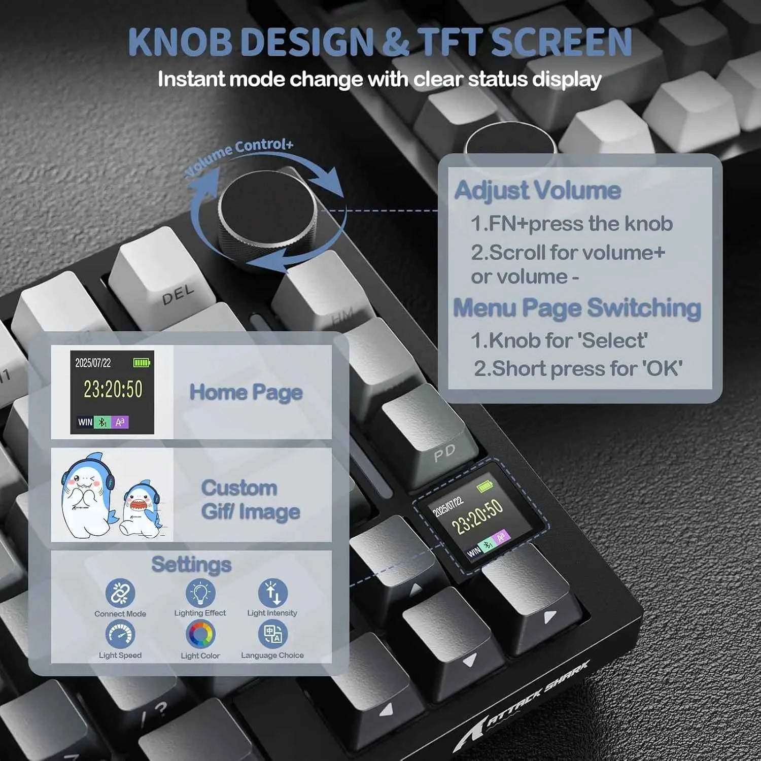 ATTACK SHARK X820 Ultra Wireless Mechanical Keyboard with TFT Smart Display & Knob, Hot Swappable, RGB South Facing LED