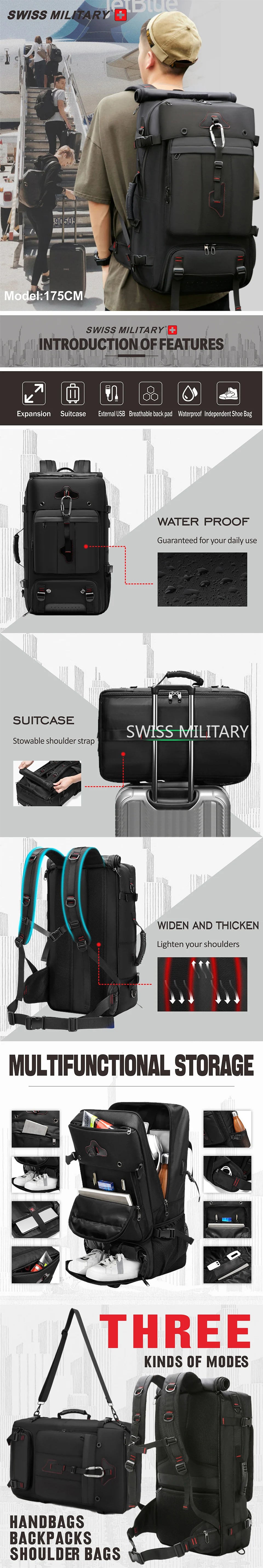SWISS MILITARY Men's Travel Backpack Multifunctional Waterproof Laptop Bag Outdoors Climbing Luggage Bag Sport Backpack Mochila