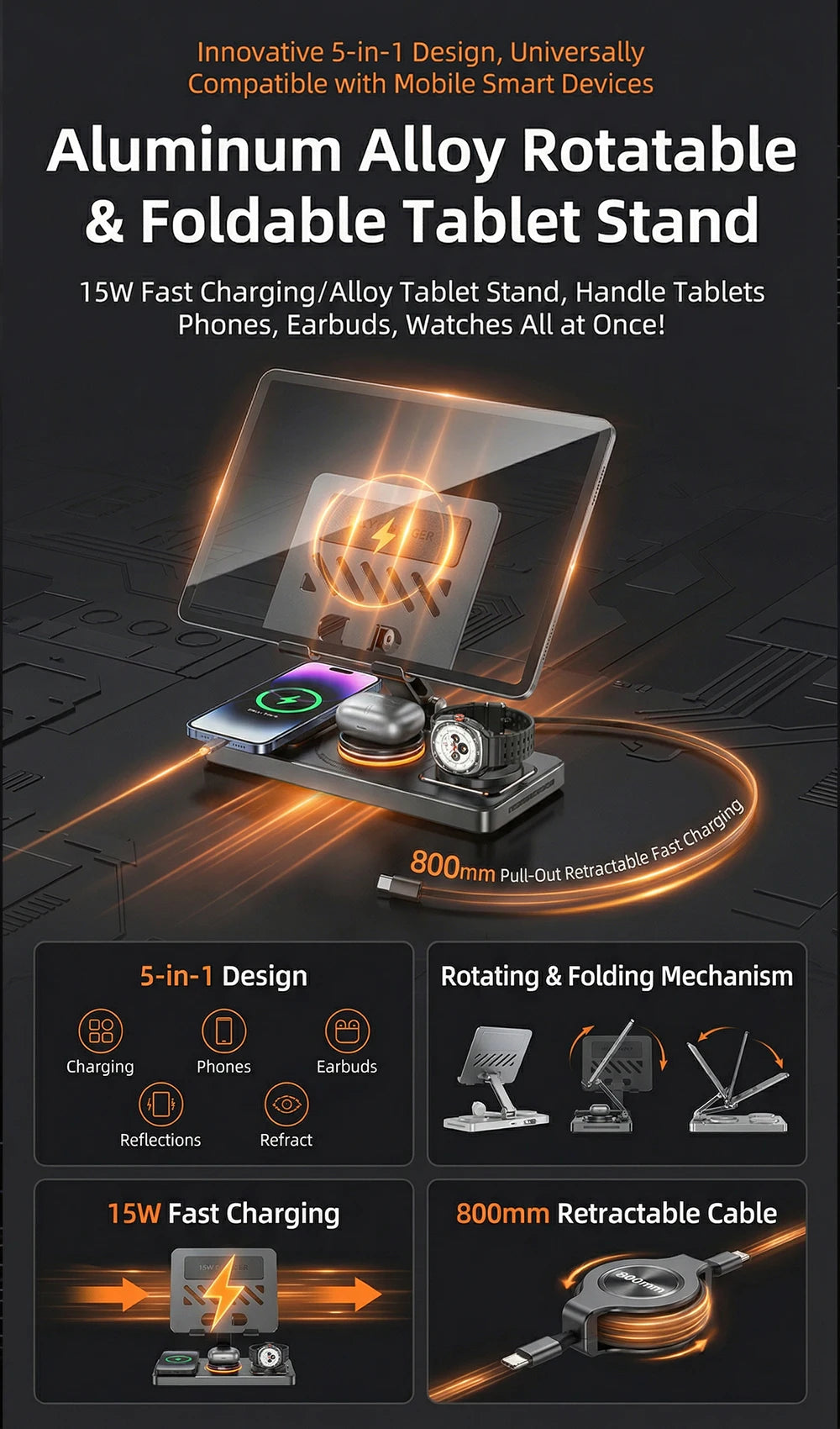 5-in-1 Wireless Charging Station 60W Fast Charger – Foldable Magnetic Stand Dock for iPhone, Apple Watch & AirPods, Desktop Tablet Holder.
