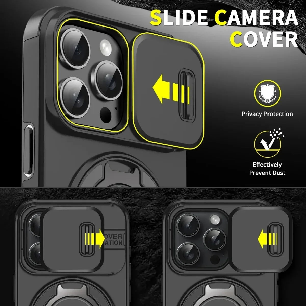 Armor Magnetic Bracket Case for iPhone 16e 16 14 13 12 11 15 Pro Max Plus With Lanyard Slide Camera Protection Shockproof Cover