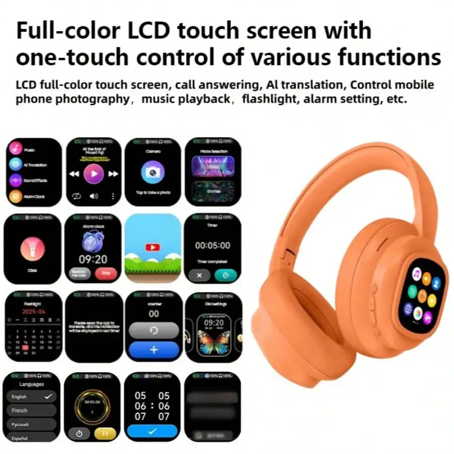 AI Translation Wireless Headphones, Magnetic LCD Touch Screen, Foldable Retractable Design, Real-time 115 Languages Translation, BT6.0, Multi-functions for Photo, Flashlight, Alarm & Voice Recording, AUX Wired Supported