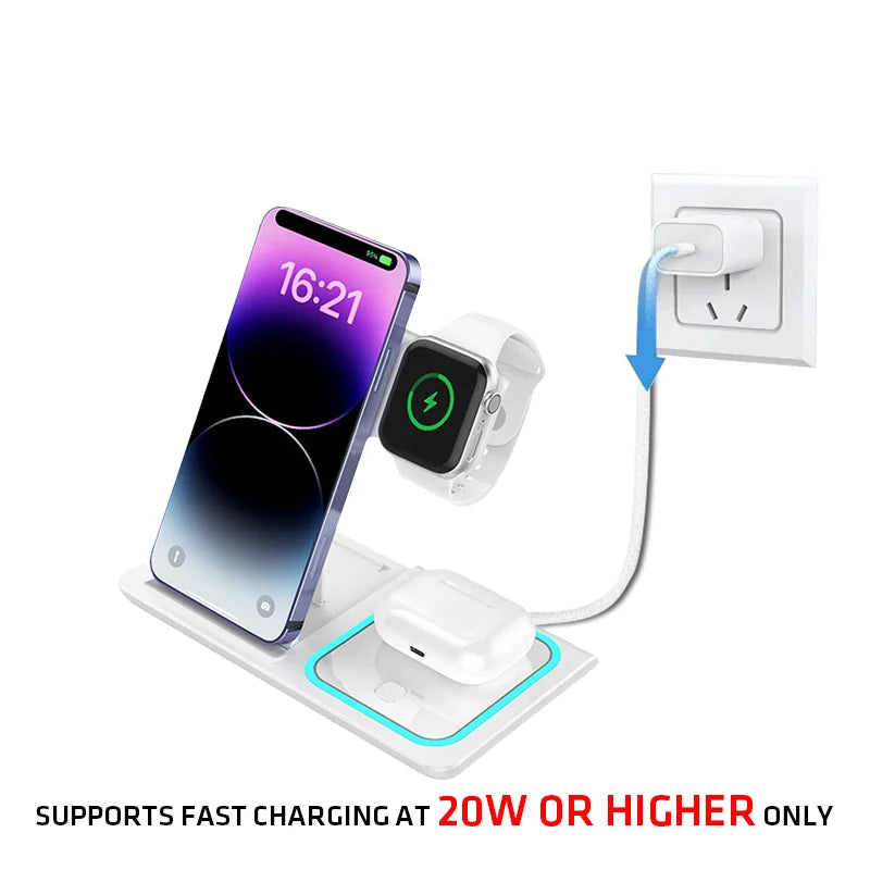 3-In-1 Foldable Wireless Charging Stand 15W/10W/7.5W/5W Multi Device Fast Wireless Charger for Smartphone Smart Watch Earphones