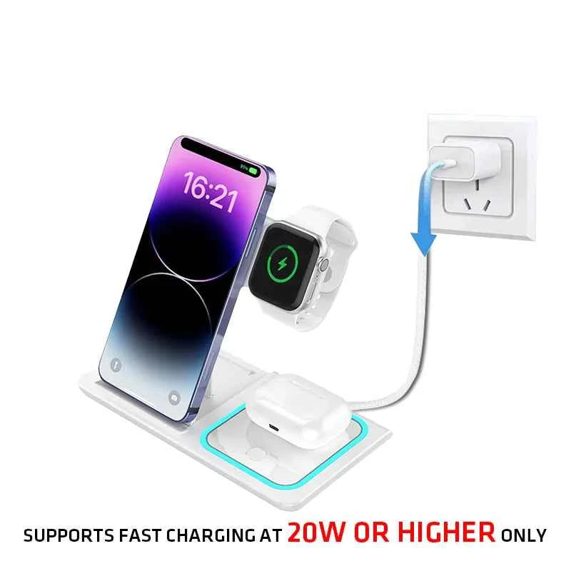 3-In-1 Foldable Wireless Charging Stand 15W/10W/7.5W/5W Multi Device Fast Wireless Charger for Smartphone Smart Watch Earphones
