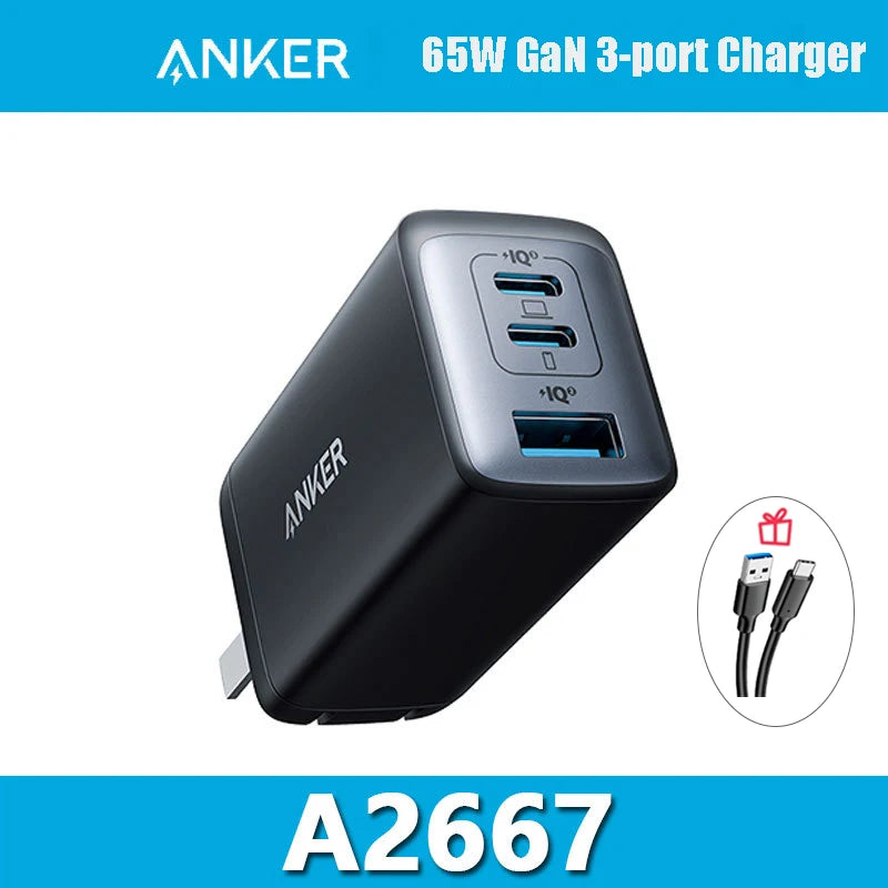 Anker 735 65W GaN Charger Nano II USB C Fast Charging 3-Port Fast Compact Foldable Wall For MacBook Pro/Air iPad Galaxy Switch