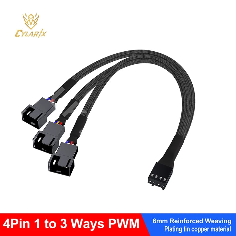 Cylarix PWM Fan Splitter Cable PC 4Pin 1 to 4 Ways Fan Power Extension Adapter Cable Black Sleeved Braided Cable 27cm/10.5 inche - WinSupport Tech