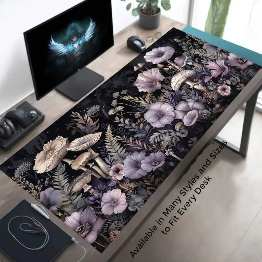Mushroom Floral Gaming Mousepad XL Dark Cottagecore Desk Mat Stitched Edges