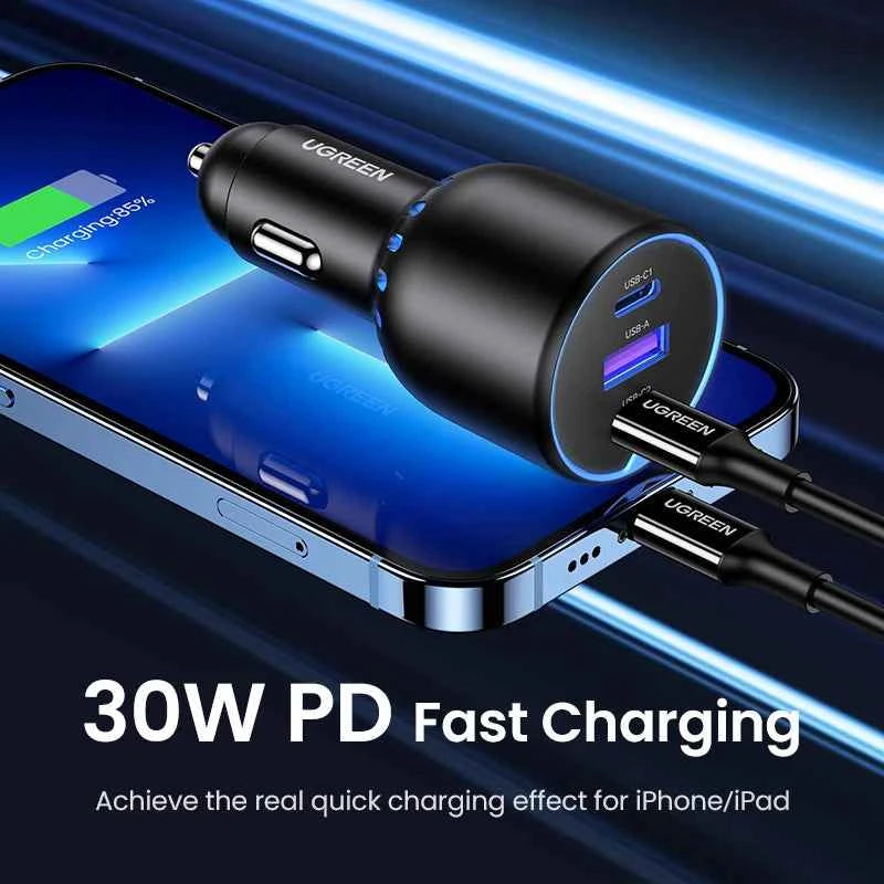 UGREEN 130W USB C Fast Car Charger For Xiaomi iPhone 17 Samsung Galaxy S25 Laptops PD3.0 Fast Charging USB Type C Car Charger