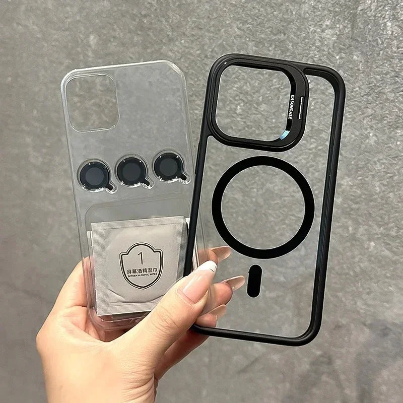 Luxury Magnetic Shockproof Phone Case for iPhone 16/15/14/13/12/11/17 Pro Max with Stand and Glass Lens Case