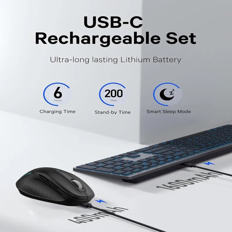 Jomaa RGB Backlit Silent Wireless Keyboard and Mouse Combo 2.4G Dual Mode Rechargeable Wireless Keyboard Mouse set for Desktop/L