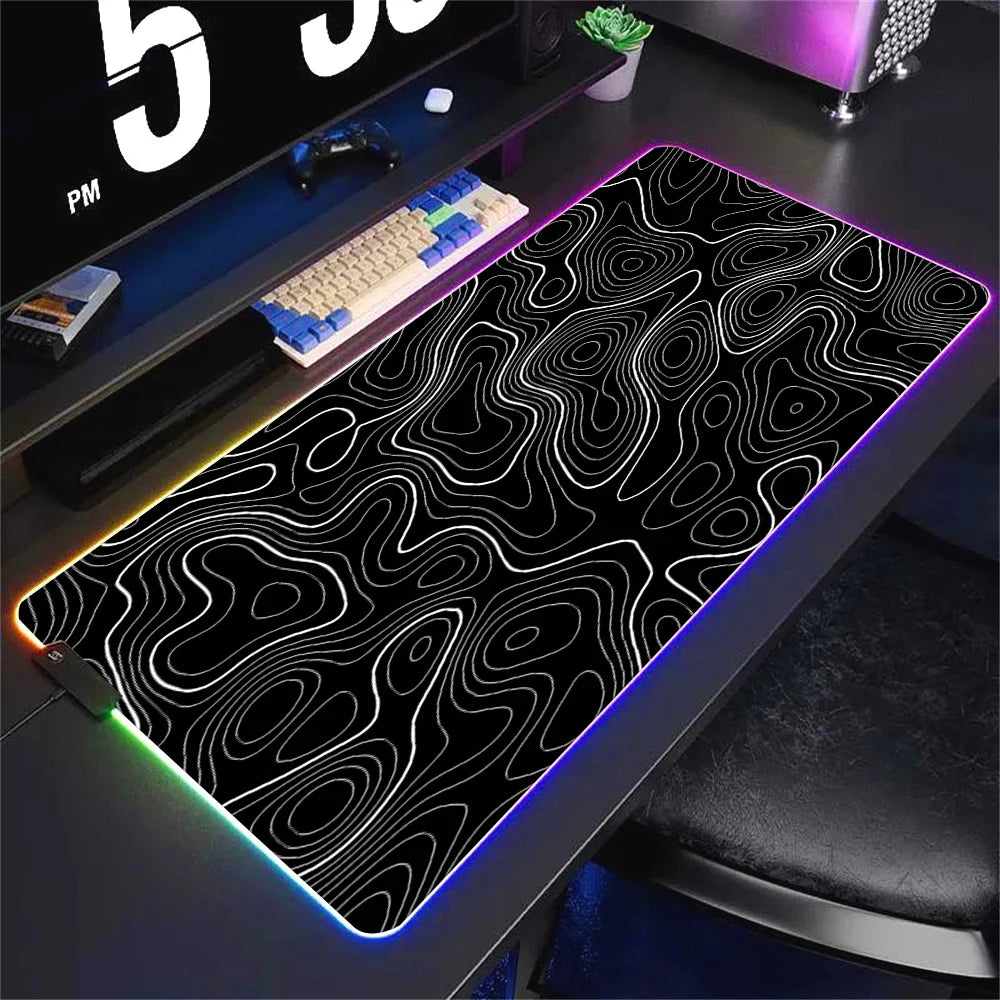 LED Desk Mat Black and White Lines RGB Computer Mouse Pad Gamer Cabinet Luminescence Abstract Mousepad Keyboard Gaming Deskmat