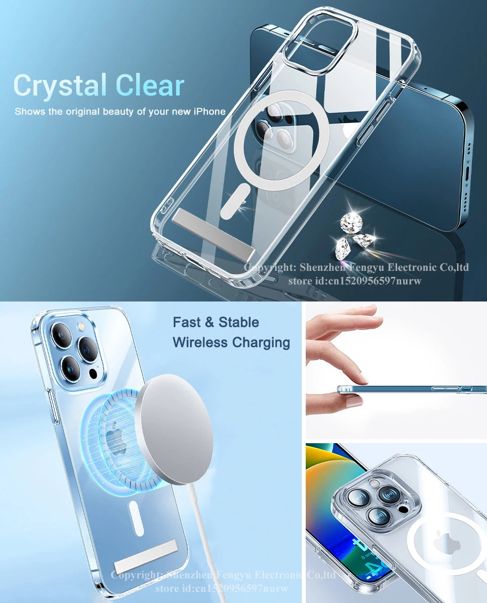Stand Clear Magnetic Phone Case for iPhone 17 Pro Max Air 16 15 14 13 12 11 X XS Cases with Kickstand Transparent Holder Cover