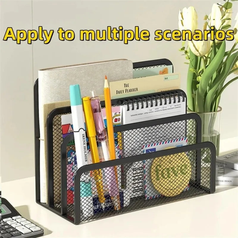 3-Layer Black Metal Mesh Notebook Stand Rack Desk Organizer for Papers Magazines Documents Books - Office Supplies