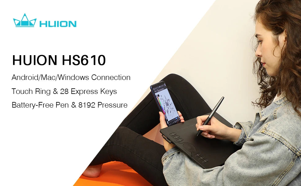 Huion HS610 10x6.25 Inch Graphics Drawing Tablet 28 Express Keys 8192 Battery-Free Stylus Pen Tablet For Android Phone MacBook