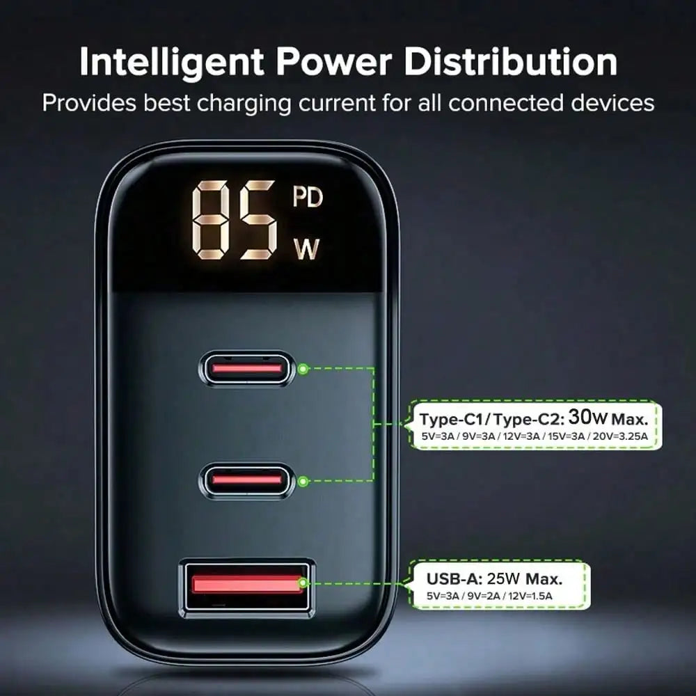 85W 65W GaN Fast Charger 3 Ports USB C PD QC4.0 Wall Charger Portable Travel Multi Port Phone Laptop Fast Charging Adapter For iPhone Samsung Android