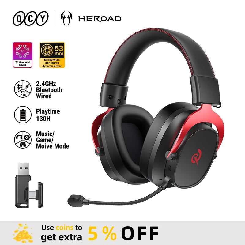 QCY Heroad VT200 Wireless Gaming Headset Detach Mic Over ear Headphone Tri-Mode 7.1 Surround Sound for PC/PS4/PS5 Headset Gamer