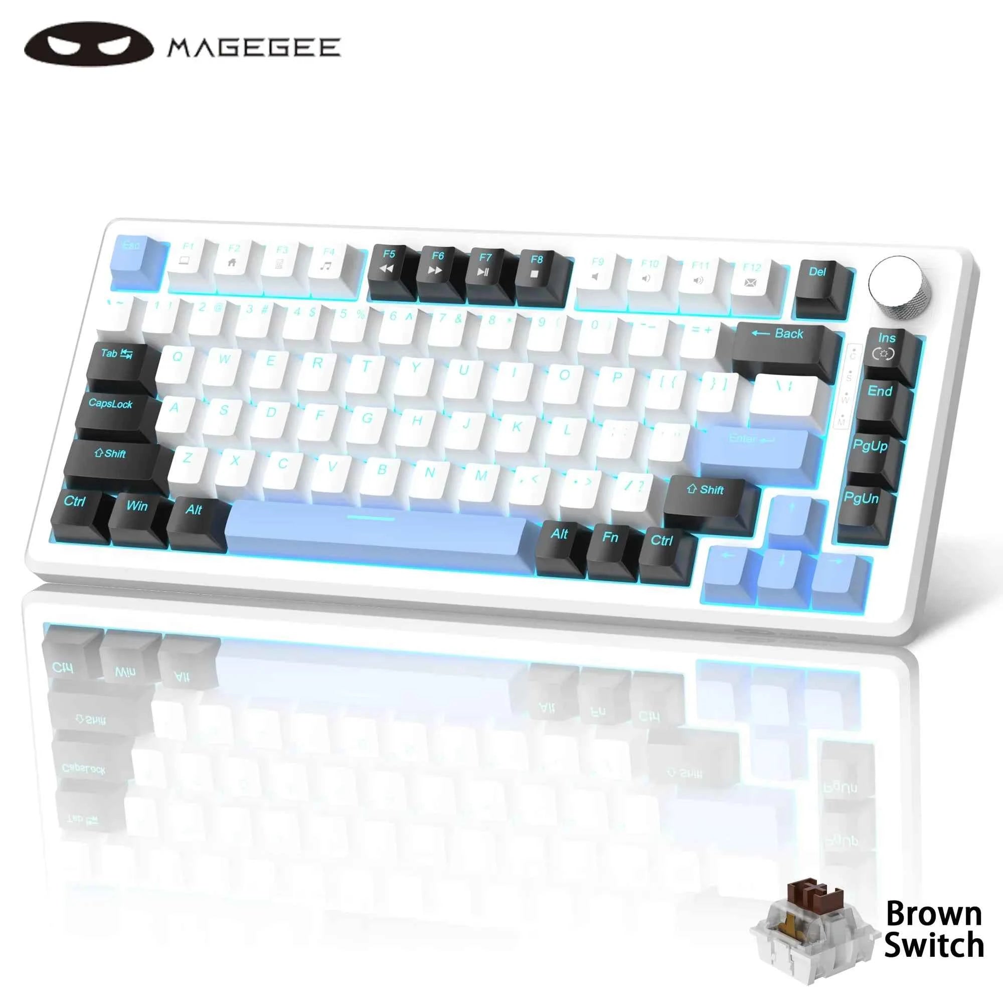 MageGee 75% Mechanical Gaming Keyboard with Knob Control, Blue Backlit Wired Gaming Keyboard Red/Yellow Switch for PC Windows