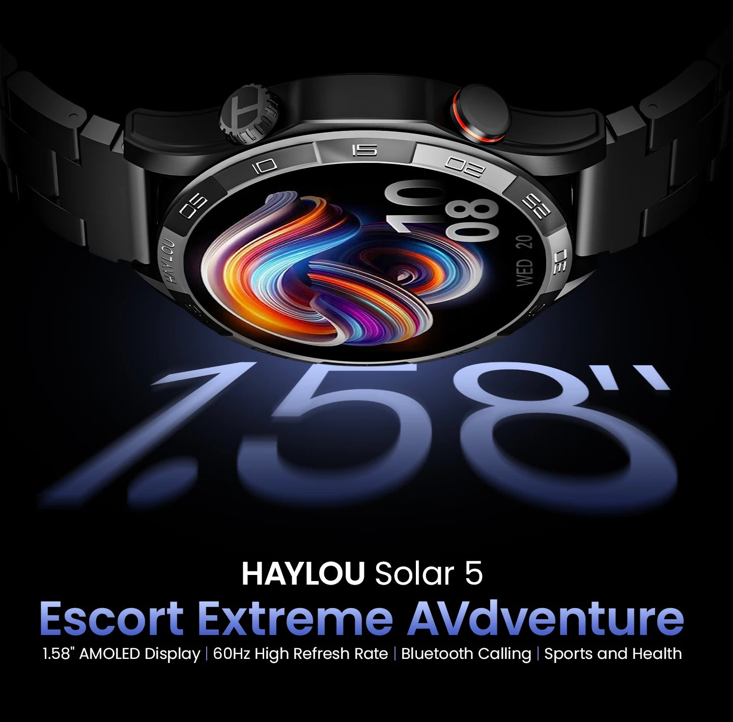 HAYLOU Solar 5 Smartwatch 1.58'' AMOLED Display 60Hz Refresh Rate 24H Health Monitoring Voice Calling 100+ Sports Modes Black/Silver