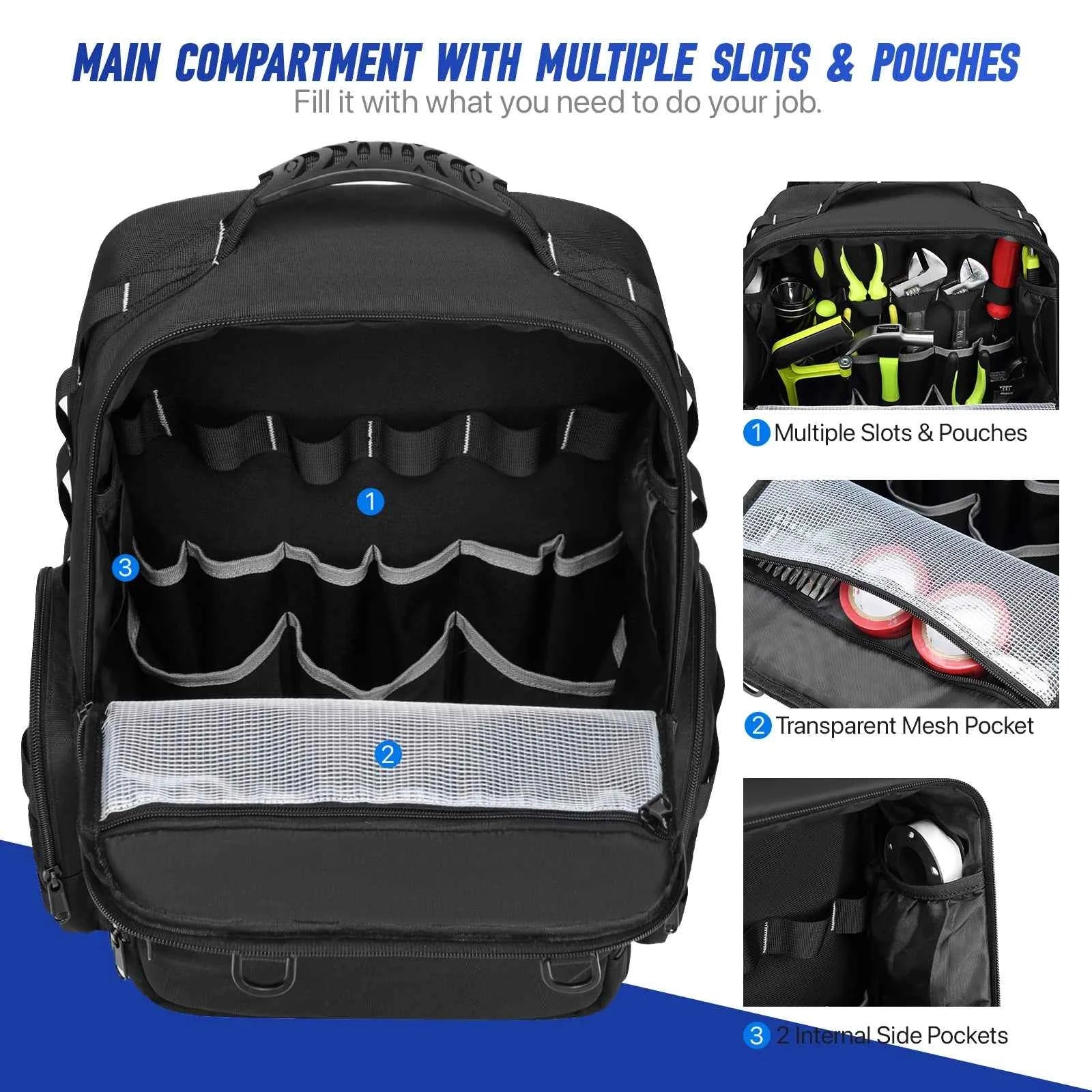 Tool Backpack Heavy Duty for Men Tool Storage With 3 Tool Pouches Organizer Electrician Plumber Maintenance Worker Tool Bags