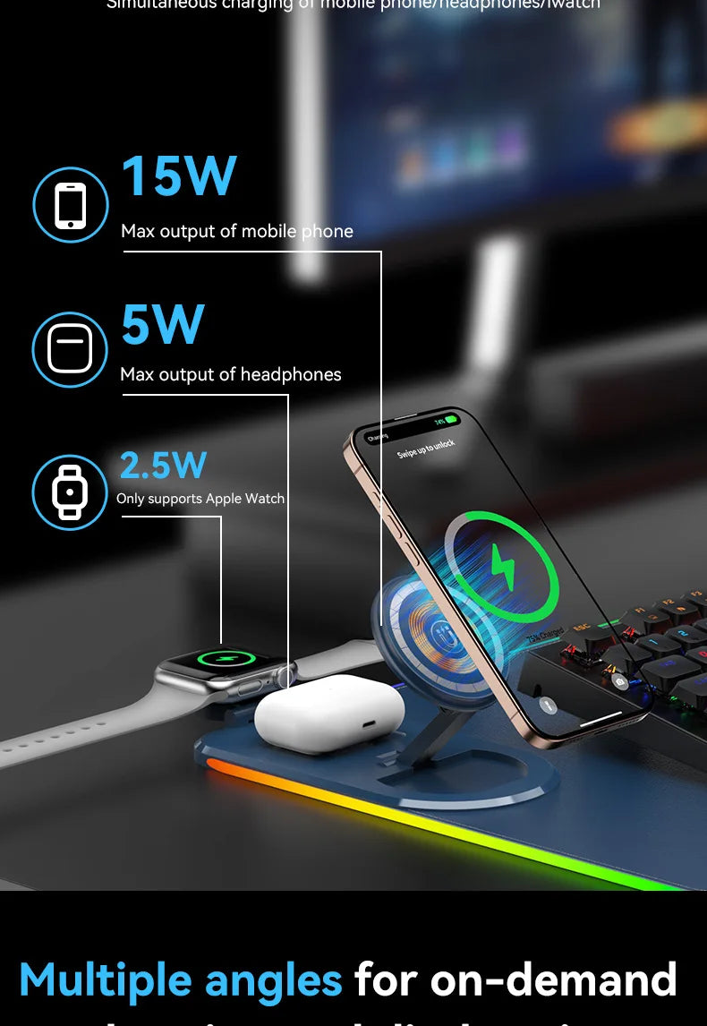 15W 3 in 1 Wireless Charging Mouse Pad Customized Desk Pad Fantasy Glowing Game Pad Rubber Cloth Mouse Pad Super Large Mat