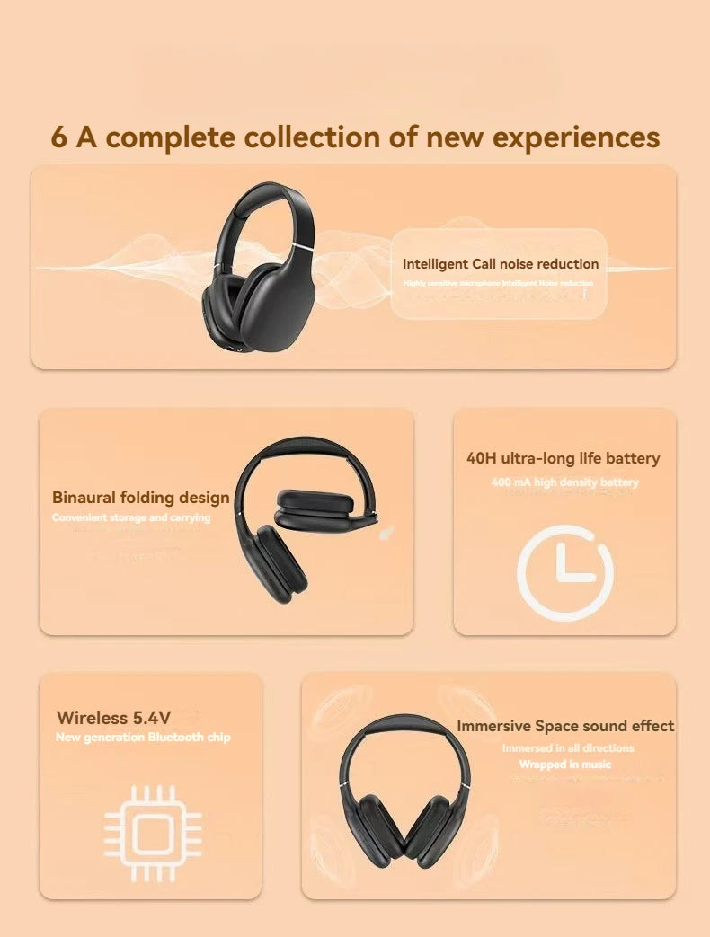 BT1638 Bluetooth 5.4 Headphones Over Ear 40mm Driver 40H Playtime Type-C Charging Wireless Headset Over Ear Wireless Headphones