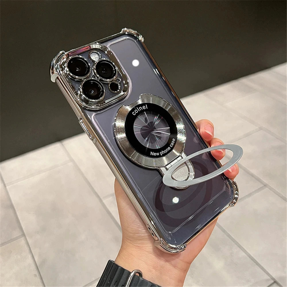 Luxury Plating Shockproof Magnetic Bracket For Magsafe Clear Case For iPhone 17 15 16 14 13 12 11Pro Max With Holder Stand Cover