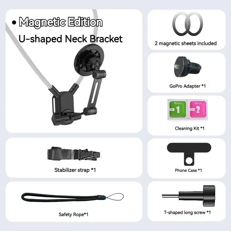 Universal Neck Mount Phone Camera Holder,Magnetic And Clip Compatible With IPhone Samsung 360 Rotation Hands-Free For Video Live