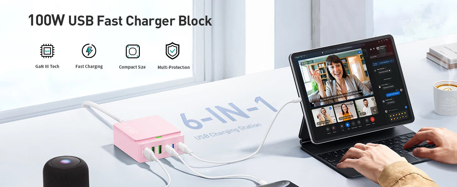 100W 6-Port GaN Quick Charge Hub - PD 3.0 Type C and USB A Charging Case - for Cell Phone Tablet Laptop