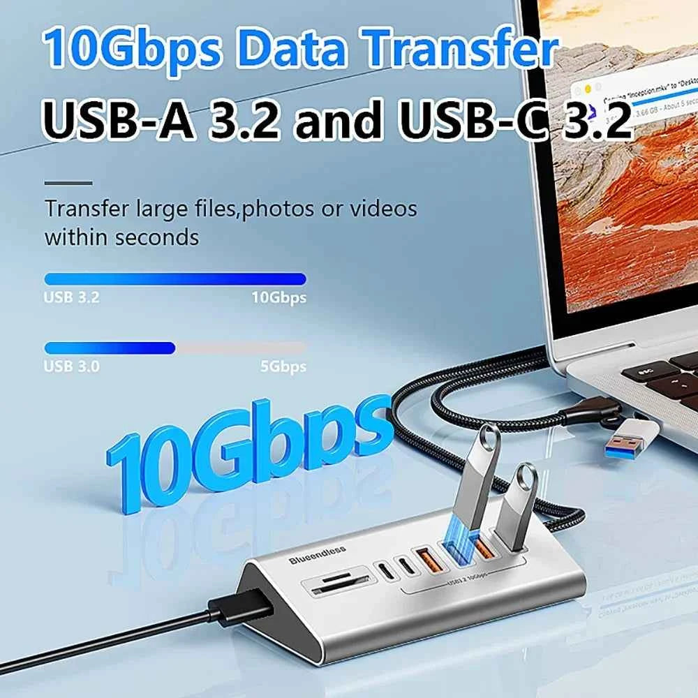 USB 3.2 10Gbps Hub USB Docking Station Type C Splitter with Card Reader Aluminum Alloy Multi 8/9 Ports Switch For PC Laptop
