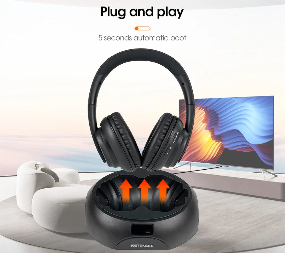 Retekess Wireless Headphone TA006 TV Watching Rechargeable Wireless Earphone with Transmitter Support Coaxial Fiber 3.5 AUX RCA