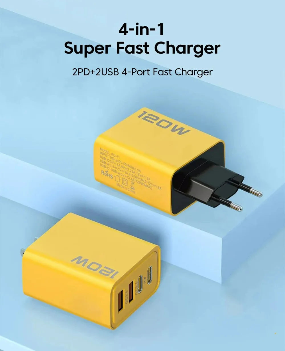 4 Port USB PD Charger 120W Type C Quick Charge Mobile Phone Charger Adapter For iPhone Samsung Xiaomi EU/US/UK Plug Wall Charger