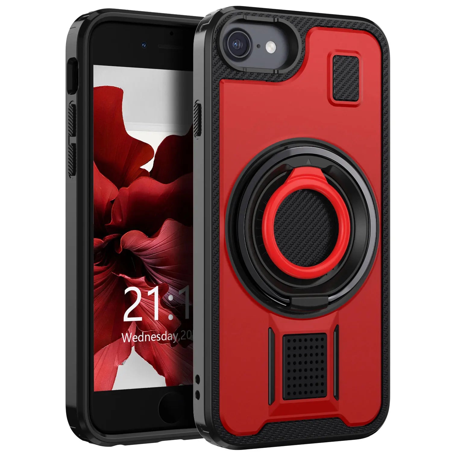 For iPhone SE 2020 iPhone SE 2022 SE 2nd 3rd Case Hybrid Shockproof Double Ring Kickstand Stand Rugged Phone Hard Slim Cover Red