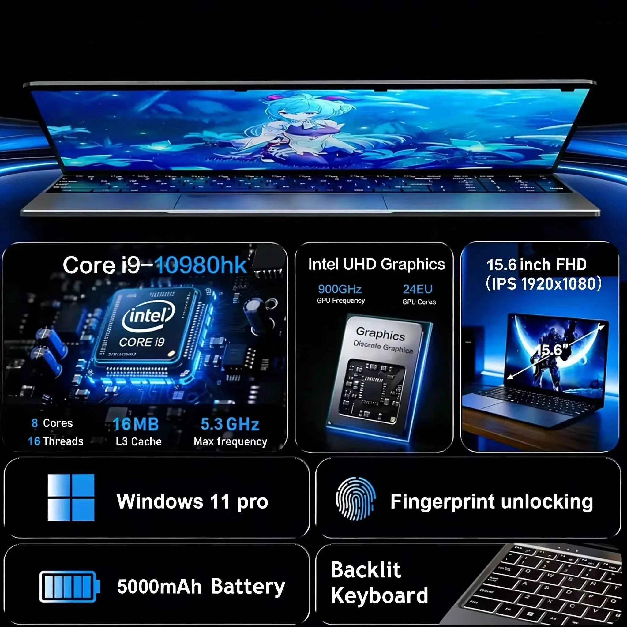 Core i9-10980HK Laptop 16GB RAM 1TB/2TB SSD Backlit Keyboard Fingerprint Unlocking Function Gaming and Business Dual Use Laptop