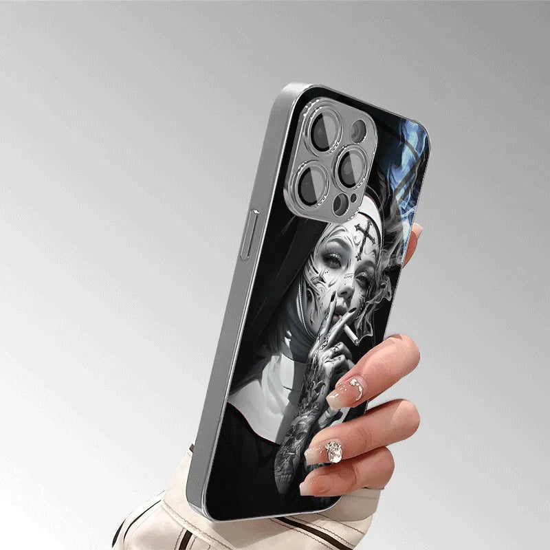 Crystal clear, beautifully designed tattooed lady smoking pattern glass phone case for iPhone16 15 14 13 12Promax