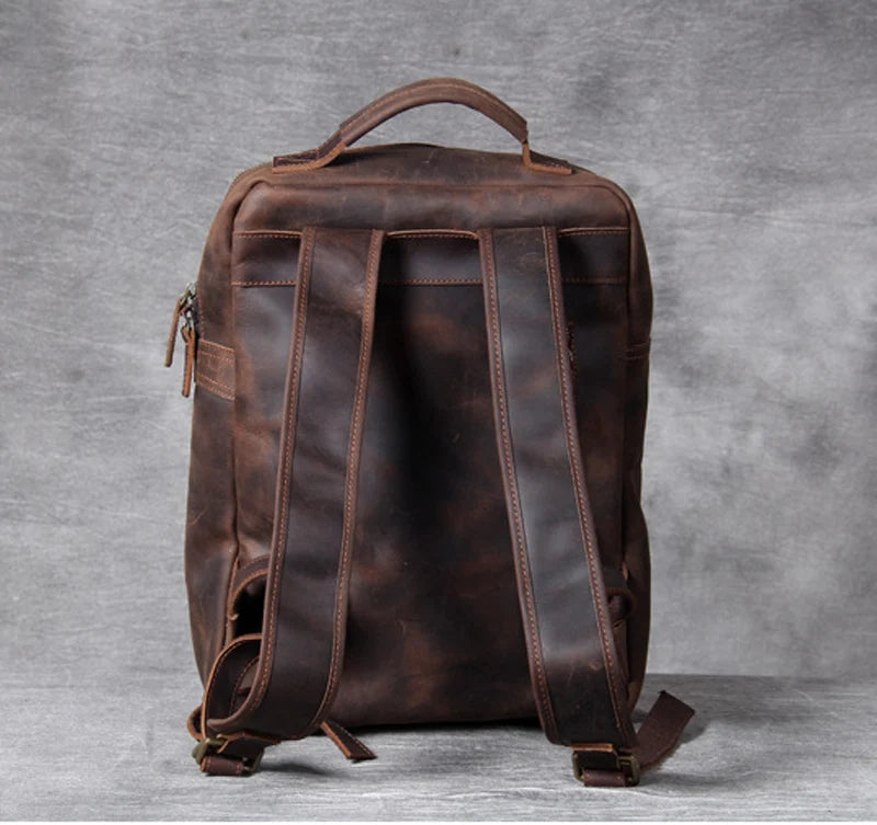 Vintage Crazy Horse Genuine Leather Backpack Men Bagpack Cowhide Hiking Backpack 17