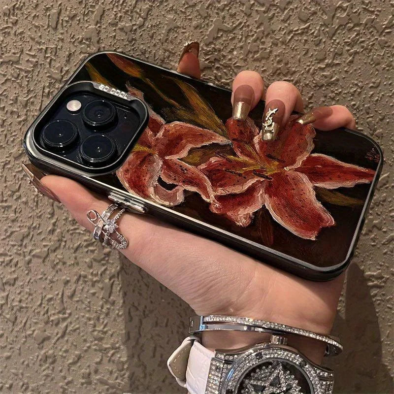 Vintage Lily Pattern Non-Slip Anti-Drip Tpu Phone Case for iPhone 16 15 14 13 12 11