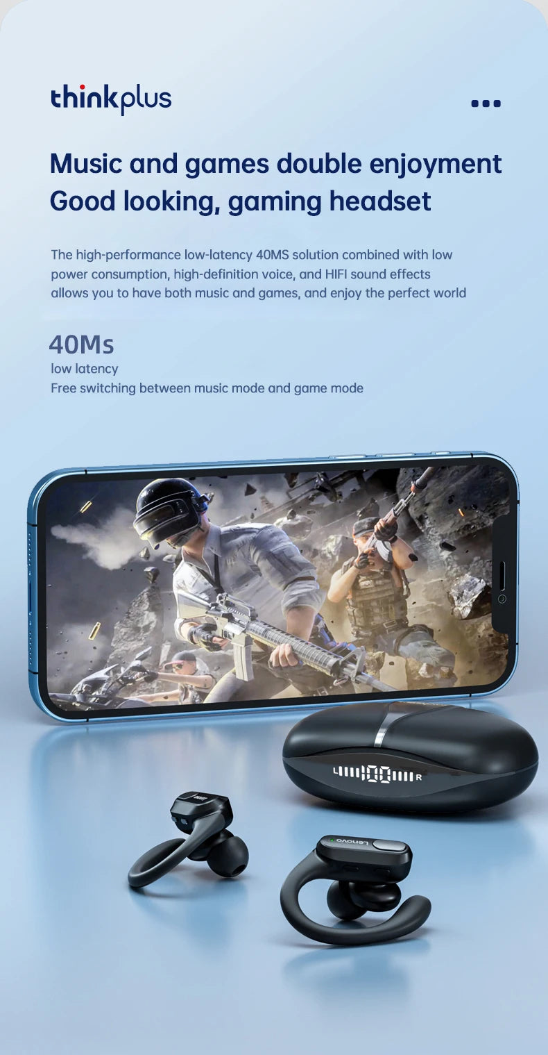 Original Lenovo XT80 Earhooks Sports Bluetooth Wireless Headsets with Mic,LED Power Display,ENC,Hifi Stereo Sound Gaming Headset