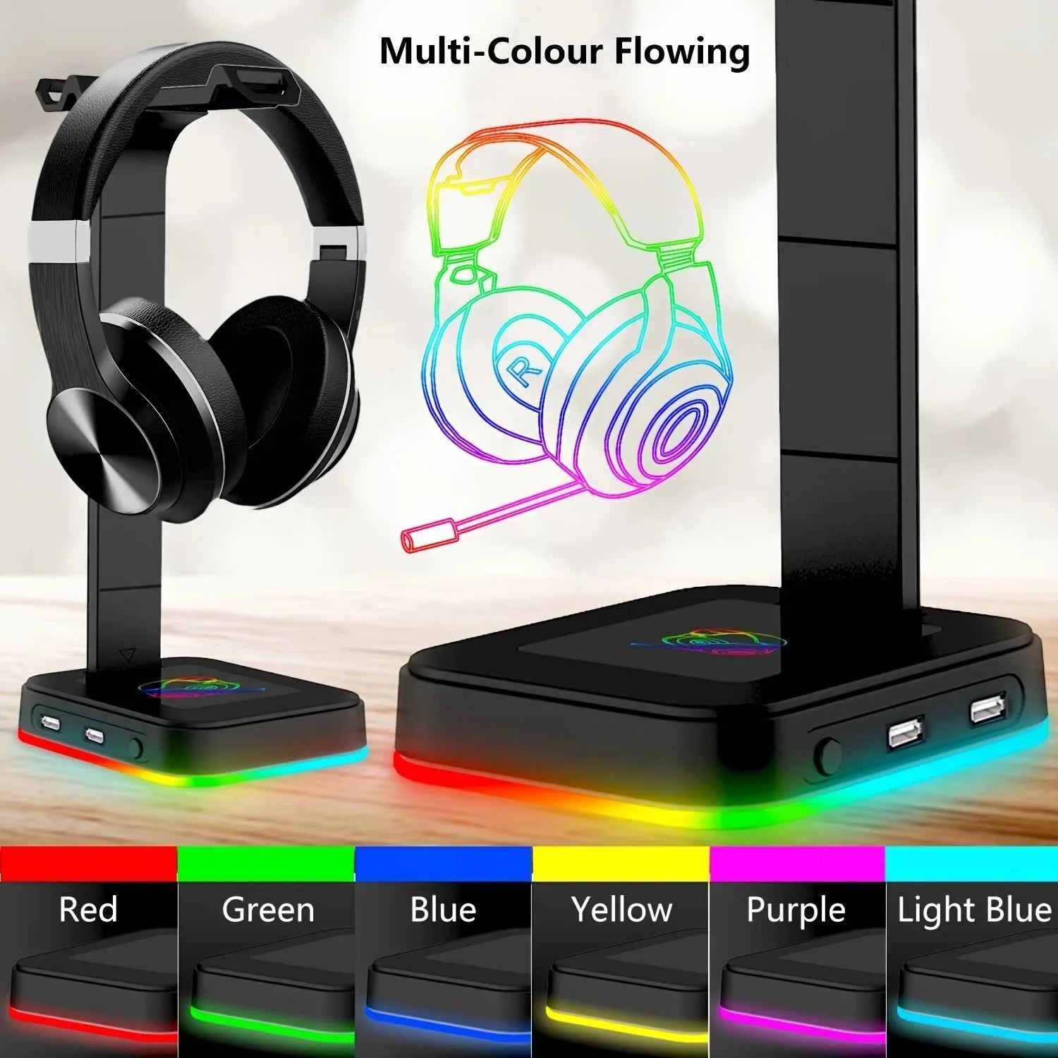 Adjustable Speed RGB Color-Changing LED Gaming Headset Stand with Dual USB Ports for Keyboard Mouse Headphones Phone Charging