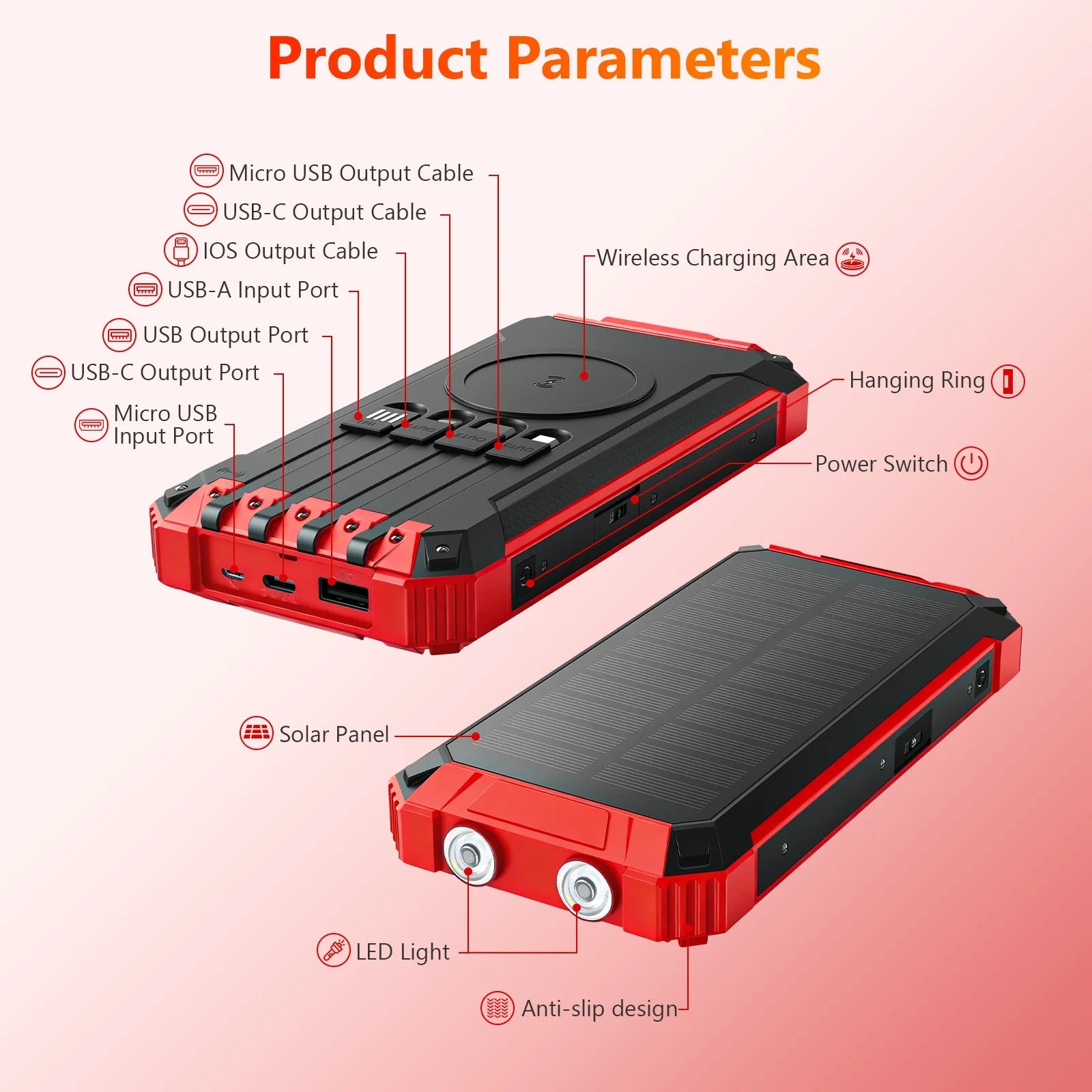 20000mAh Portable Solar Power Bank Wireless Charging 18W Dual LED Lights 4 Built-in Charging for iPhone Android Phones AirPods