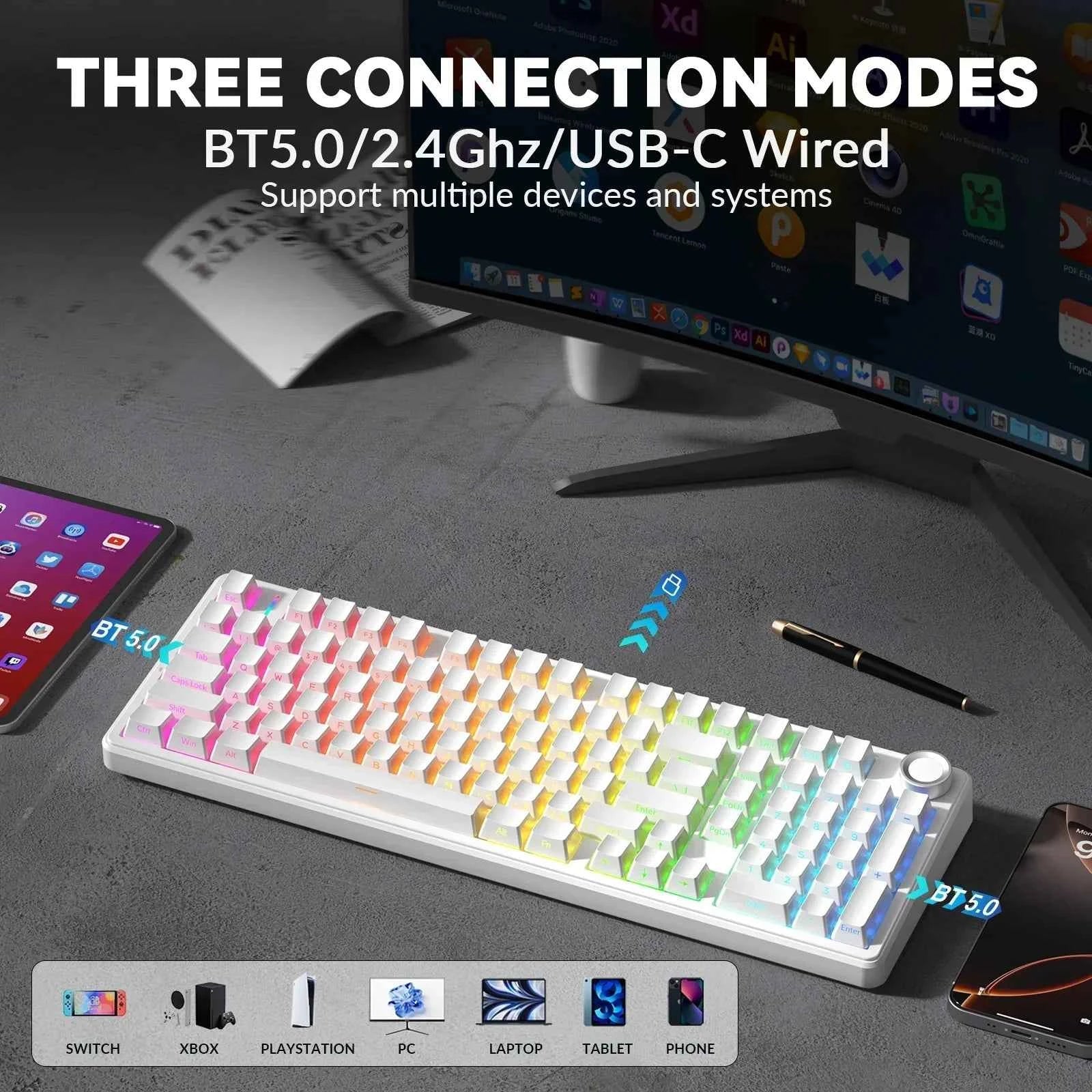 AULA F99Pro Low Noise Keyboard Gasket Structure Hot-swap RGB Mechanical Keyboard with Media Knob