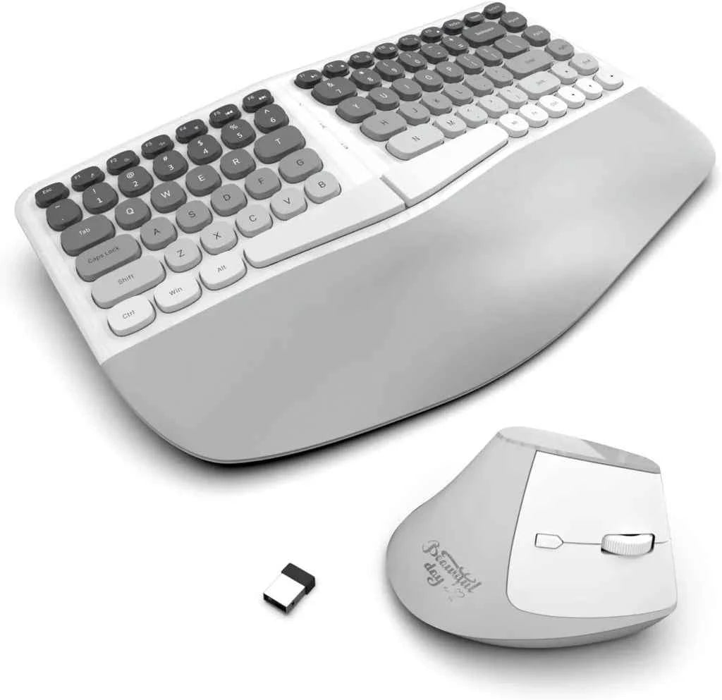 Jomaa Ergonomic Split keyboard and Mouse Creamy Wireless Keyboard Silent Mice Set with Wrist Rest for Laptop, PC, Windows