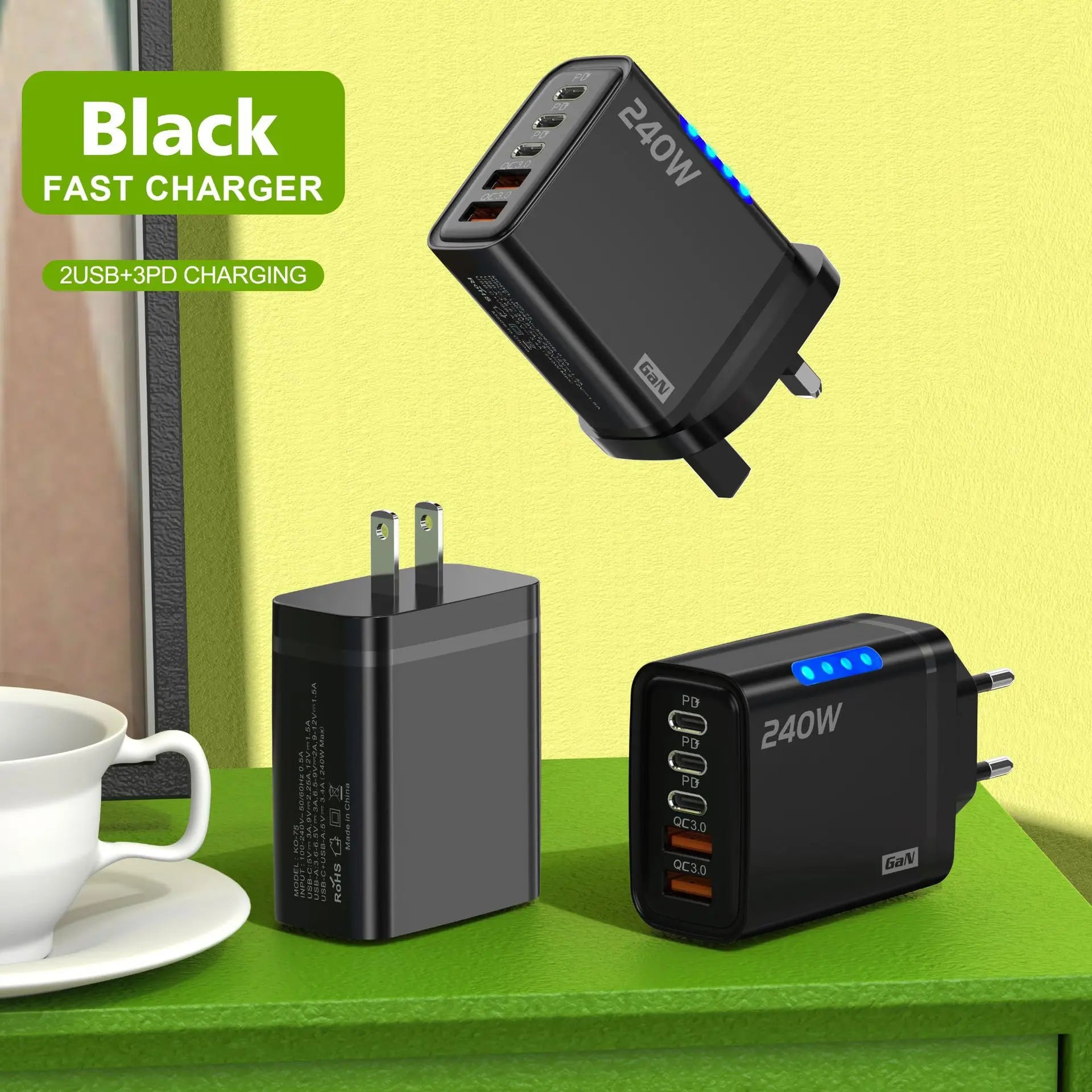 240W GaN Charger 5-in-1 3USB-C PD and 2USB-A QC3.0 Fast Charging for iPhone 16 17 Samsung S25 S24 Xiaomi 15 16 17 Huawei Mate