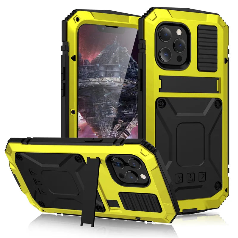 for iPhone 14 13 12 Pro Max Mini 11 Pro Max Case Full-Body Rugged Armor Shockproof Protective Kickstand Aluminum Metal Cover