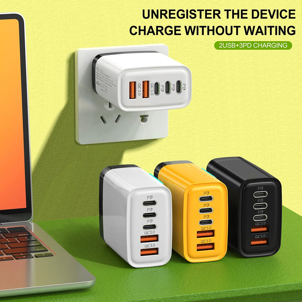 5 Ports USB C PD Charger Quick Charge 3.0 Type C USB Phone Chargers Fast Charging Adapter For iPhone 16 15 Samsung Xiaomi Huawei