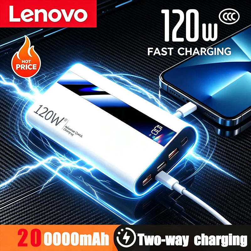 Lenovo 120W Fast Charging 2026 Large Capacity 200000mAh Digital Display Power Bank Outdoor Power Supply for Huawei iPhone